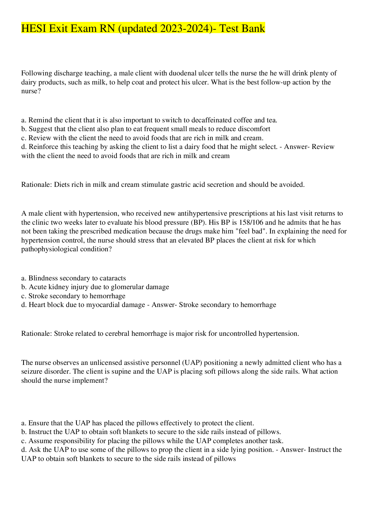 Preview image for HESI Exit Exam RN (updated 2023-2024)- Test Bank